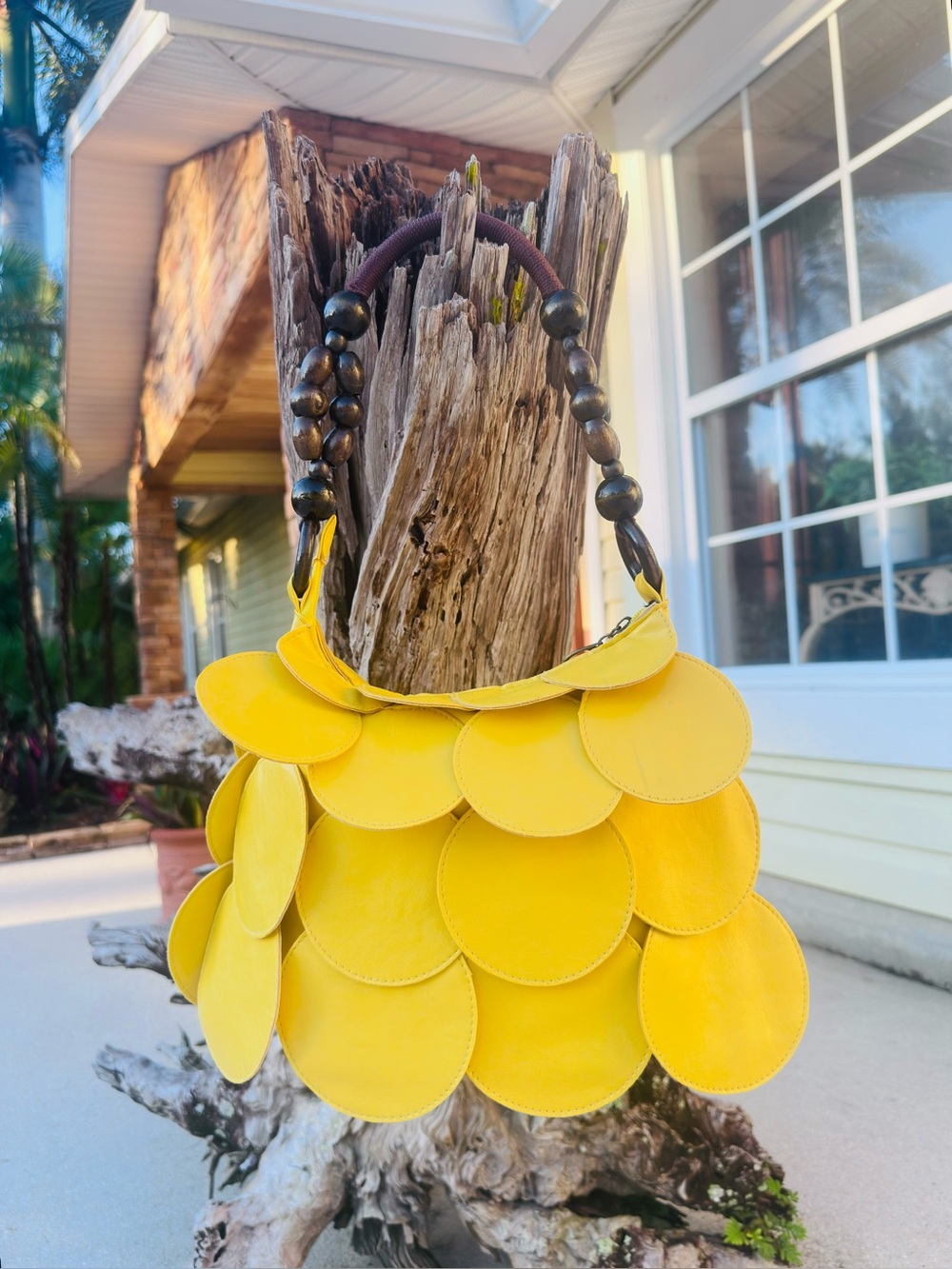 SCALLOPED HANDBAG ~ Yellow Layered Scalloped Wooden Bead Handle Springtime